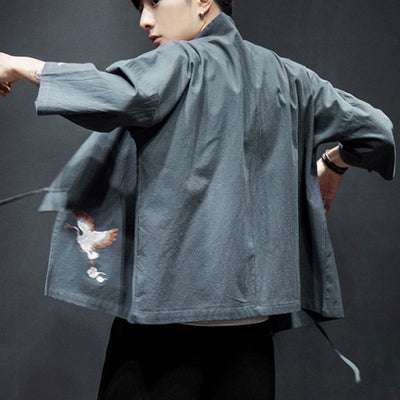 Foviel Stickerei öffnen Front Jacke Herren Dreiviertel Ärmel Kimono