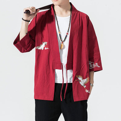 Foviel Stickerei öffnen Front Jacke Herren Dreiviertel Ärmel Kimono