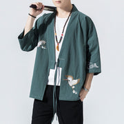 Foviel Embroidery Open Front Jacket Men's Three Quarter Sleeve Kimono