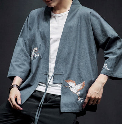 Foviel Stickerei öffnen Front Jacke Herren Dreiviertel Ärmel Kimono