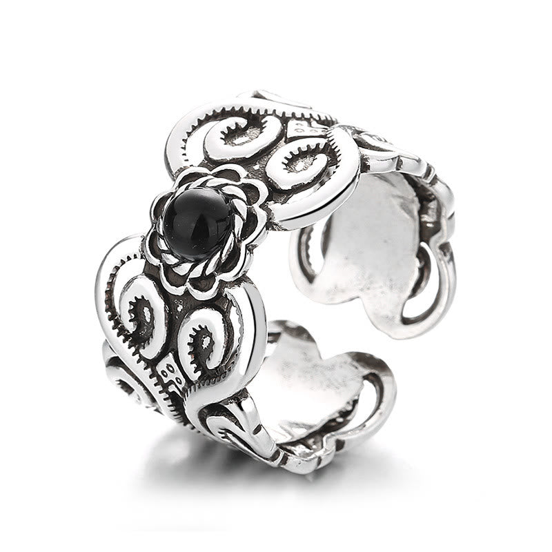 Foviel Schwarze Onyx Kupfer Mongolisches Muster verstellbarer Fortune Ring