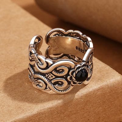 Foviel Schwarze Onyx Kupfer Mongolisches Muster verstellbarer Fortune Ring