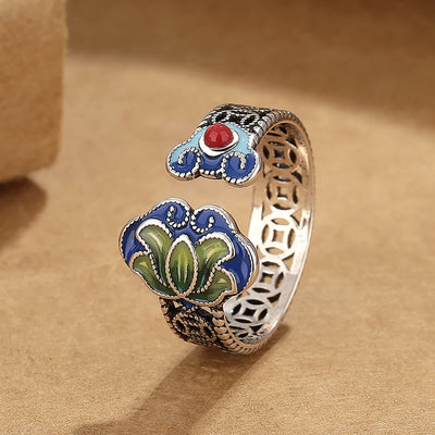 Bague ajustable Foviel à motif de fleur de lotus, pièces de monnaie en cuivre et manche Ruyi, symbole d'éveil
