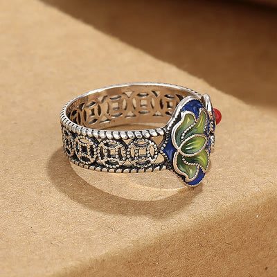 Bague ajustable Foviel à motif de fleur de lotus, pièces de monnaie en cuivre et manche Ruyi, symbole d'éveil
