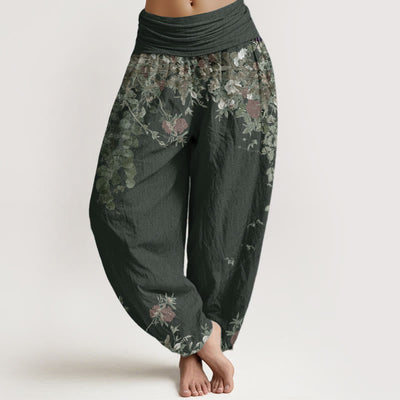 Buddha Stones Pure Cotton Casual Red Peony Flower Vine Design Women's Elastic Waist Harem Pants - CadetBlue - US22，UK/AU26，EU54 (6XL) - image 6