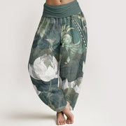 Foviel Pure Cotton White Lotus Leaves Pattern Casual Women's Elastic Waist Harem Pants