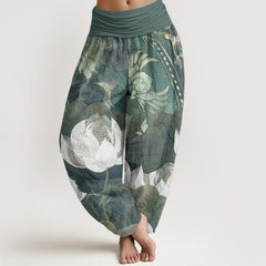 Buddha Stones Pure Cotton White Lotus Leaves Pattern Casual Women's Elastic Waist Harem Pants - DarkSeaGreen - US22，UK/AU26，EU54 (6XL) - image 0