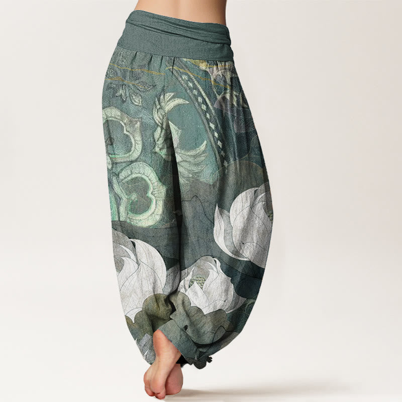 Buddha Stones Pure Cotton White Lotus Leaves Pattern Casual Women's Elastic Waist Harem Pants - image 1