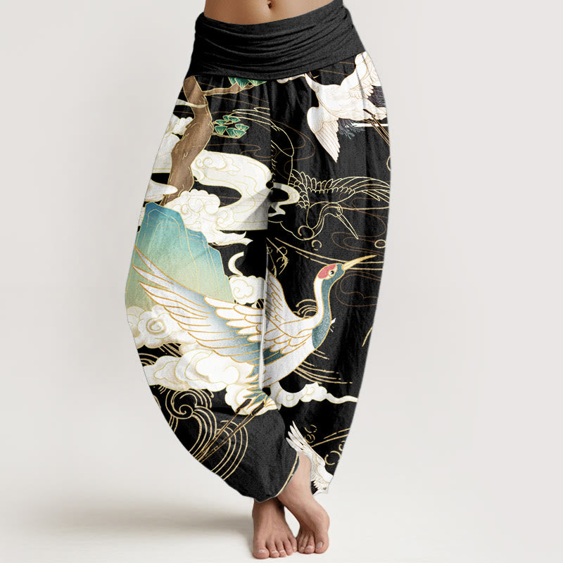 Pantalon harem à taille élastique pour femme, motif grues volantes et nuages de bon augure sur coton pur Foviel