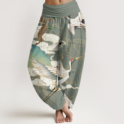 Pantalon harem à taille élastique pour femme, motif grues volantes et nuages de bon augure sur coton pur Foviel