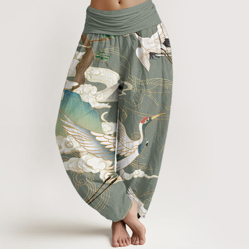 Pantalon harem à taille élastique pour femme, motif grues volantes et nuages de bon augure sur coton pur Foviel