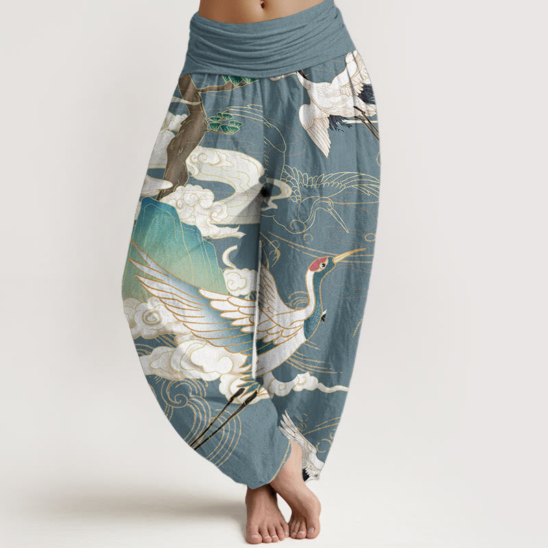 Pantalon harem à taille élastique pour femme, motif grues volantes et nuages de bon augure sur coton pur Foviel