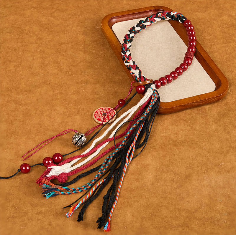 Bracelet de protection à pompon avec corde rouge double épaisseur, cinabre et perles d'argent tibétain Foviel "Esprits des montagnes"