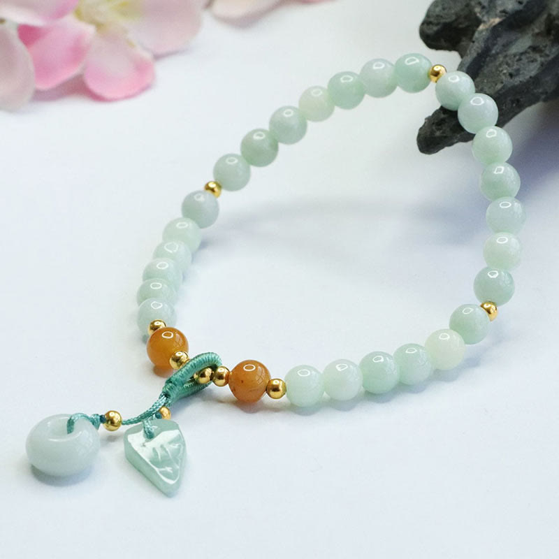 Bracelet Foviel en jade perles et feuille boucle de paix prospérité