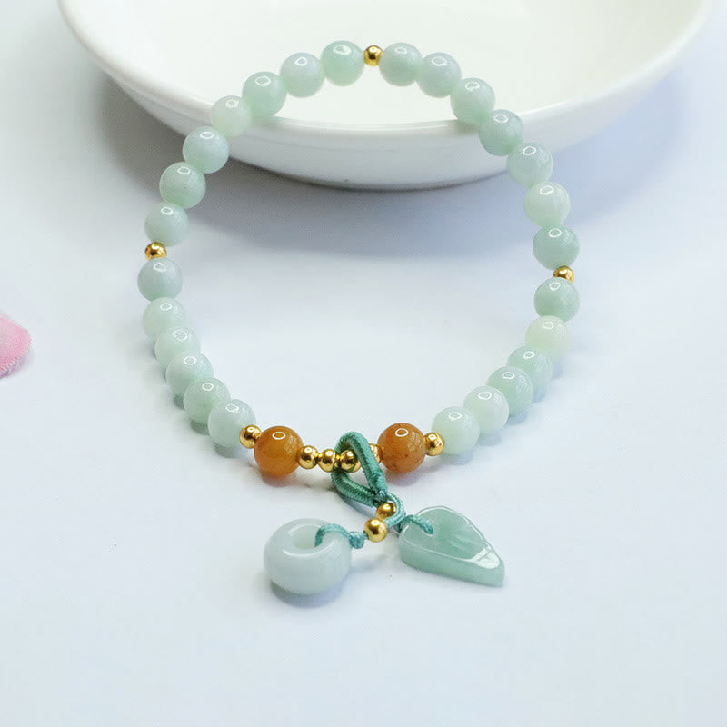 Bracelet Foviel en jade perles et feuille boucle de paix prospérité