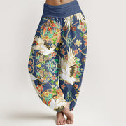 Foviel Baumwolle Casual Crane Floral Geometrisches Muster elastische Taille Damen Harem Hose