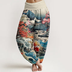 Buddha Stones Casual Blossoming Tree Koi Fish Wave Mountain Pattern Women's Elastic Waist Harem Pants - Beige - US22，UK/AU26，EU54 (6XL) - image 1