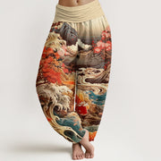 Foviel Baumwolle Casual Blossoming Baum Koi Fisch Welle Bergmuster Damen elastische Taille Harem Hose
