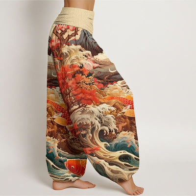 Buddha Stones Casual Blossoming Tree Koi Fish Wave Mountain Pattern Women's Elastic Waist Harem Pants - image 10