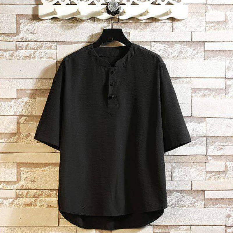 Buddha Stones Vintage Casual Solid Color Men's Short Sleeve Shirt Jacket - Black - US/UK/AU46，EU56 (5XL) - image 2