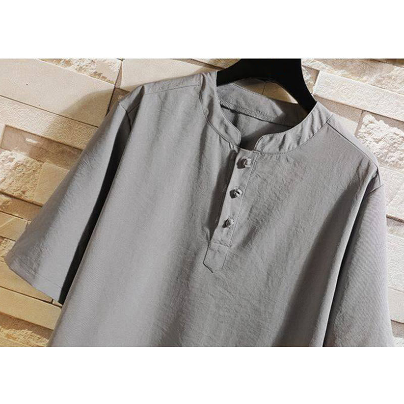 Buddha Stones Vintage Casual Solid Color Men's Short Sleeve Shirt Jacket - image 1
