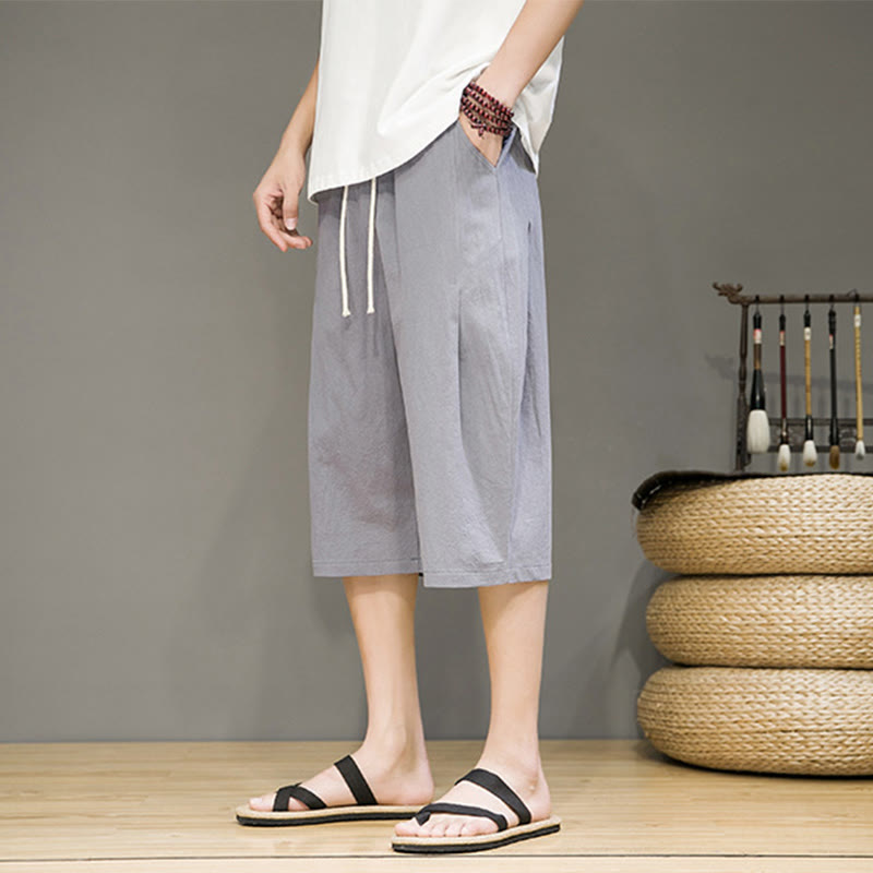 Buddha Stones Casual Summer Drawstring Solid Color Cropped Cotton Linen Men's Harem Pants With Pockets - image 19