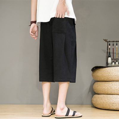 Buddha Stones Casual Summer Drawstring Solid Color Cropped Cotton Linen Men's Harem Pants With Pockets - image 12
