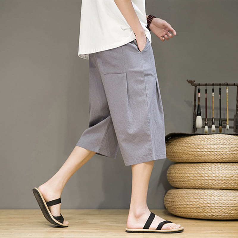 Buddha Stones Casual Summer Drawstring Solid Color Cropped Cotton Linen Men's Harem Pants With Pockets - image 24
