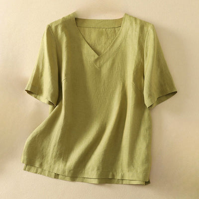 Buddha Stones Summer Casual Plain Women's V-neck Design Half Sleeve T-shirt - YellowGreen - US8-10，UK/AU12-14，EU40-42 (2XL) - image 1