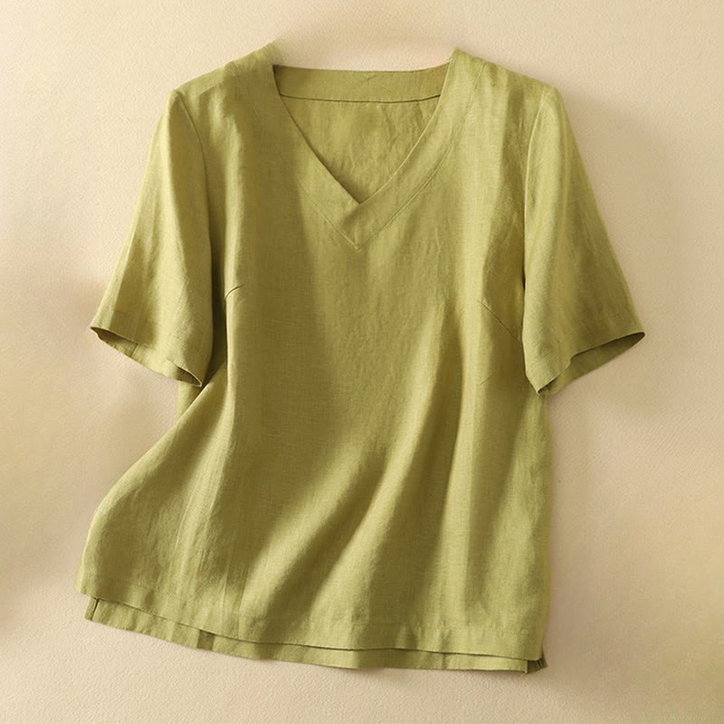Buddha Stones Summer Casual Plain Women's V-neck Design Half Sleeve T-shirt - YellowGreen - US8-10，UK/AU12-14，EU40-42 (2XL) - image 1
