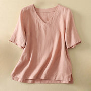 Foviel Sommer Casual Plain Polyester Damen V-Ausschnitt Design Halbarm T-Shirt