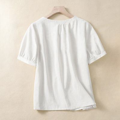Buddha Stones Casual Women's Plain Crew Neck Button Design Half Sleeve Shirt - image 3
