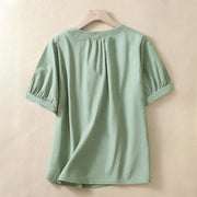 Foviel Casual Women's Plain Crew Neck Button Design Half Sleeve Shirt