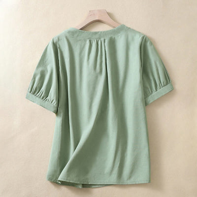 Buddha Stones Casual Women's Plain Crew Neck Button Design Half Sleeve Shirt - DarkSeaGreen - US8-10，UK/AU12-14，EU40-42 (2XL) - image 4