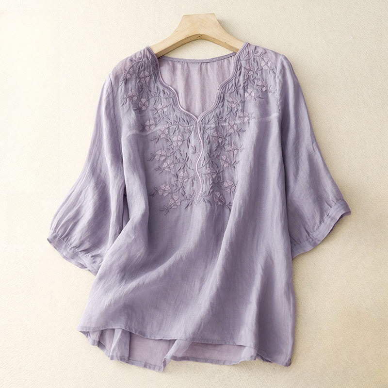 T-shirt d'été décontracté Foviel pour femme, à fleurs brodées, col en V et demi-manches, en acrylique