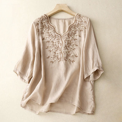 Foviel Sommer Casual Stickerei Blumen Damen V-Ausschnitt Design Halbe Ärmel Acryl T-Shirt