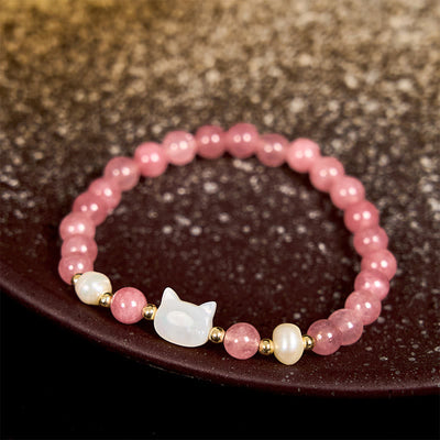 Bracelet de guérison Foviel avec quartz fraise, perle, chat et lapin