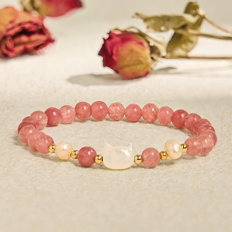 Bracelet de guérison Foviel avec quartz fraise, perle, chat et lapin