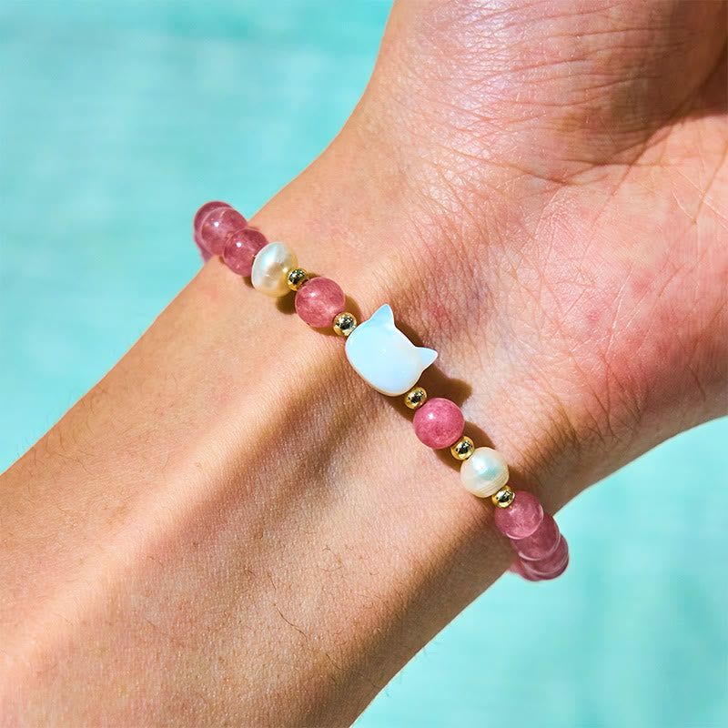 Bracelet de guérison Foviel avec quartz fraise, perle, chat et lapin