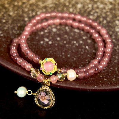 Foviel Natürliche Erdbeerquarz Perle Schmetterling Wassertropfen Positive Doppel-Wrap Armband