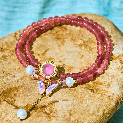 Foviel Natürliche Erdbeerquarz Perle Schmetterling Wassertropfen Positive Doppel-Wrap Armband