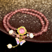Foviel Natural Strawberry Quartz Pearl Butterfly Water Drop Positive Double Wrap Bracelet