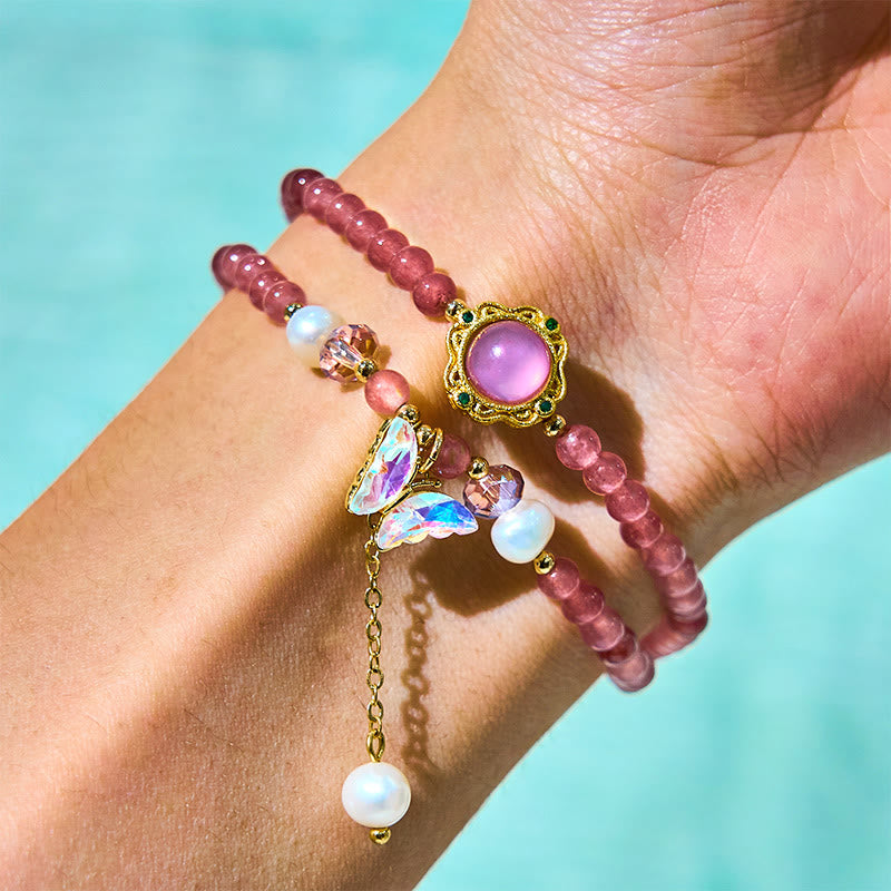 Foviel Natürliche Erdbeerquarz Perle Schmetterling Wassertropfen Positive Doppel-Wrap Armband