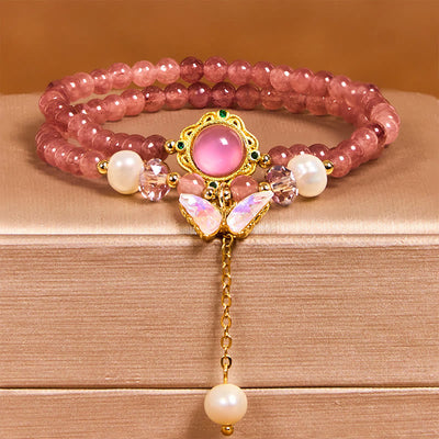 Foviel Natürliche Erdbeerquarz Perle Schmetterling Wassertropfen Positive Doppel-Wrap Armband