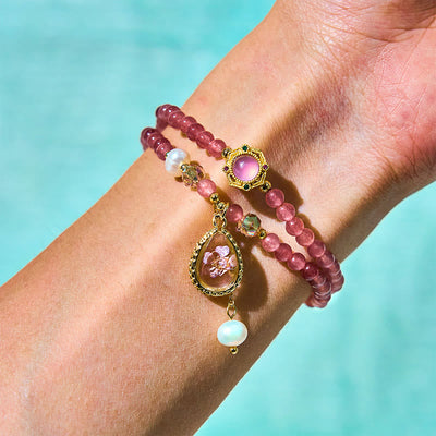 Foviel Natürliche Erdbeerquarz Perle Schmetterling Wassertropfen Positive Doppel-Wrap Armband