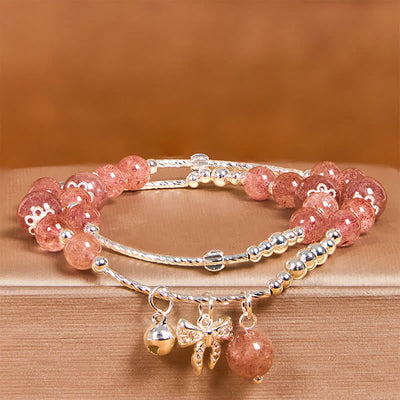 Bracelet double tour à breloque rosette et nœud en quartz fraise naturel Foviel