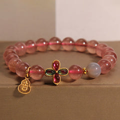 Bracelet porte-bonheur en quartz fraise Foviel avec trèfle à quatre feuilles et gourde de guérison