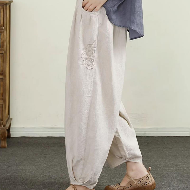 Buddha Stones Vintage Solid Color Embroidery Cotton Linen Women's 7-8 Length Harem Pants With Pockets - image 1