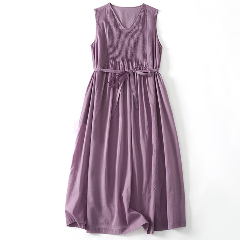 Buddha Stones Solid Color Accordion Design Sleeveless Cotton Midi Dress With Pockets - MediumOrchid - US8-10，UK/AU12-14，EU40-42 (2XL) - image 0