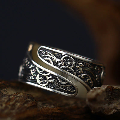 Foviel Adjustable Opening 925 Sterling Silver Lucky Koi Fish Copper Coin Auspicious Clouds Wealth Ring